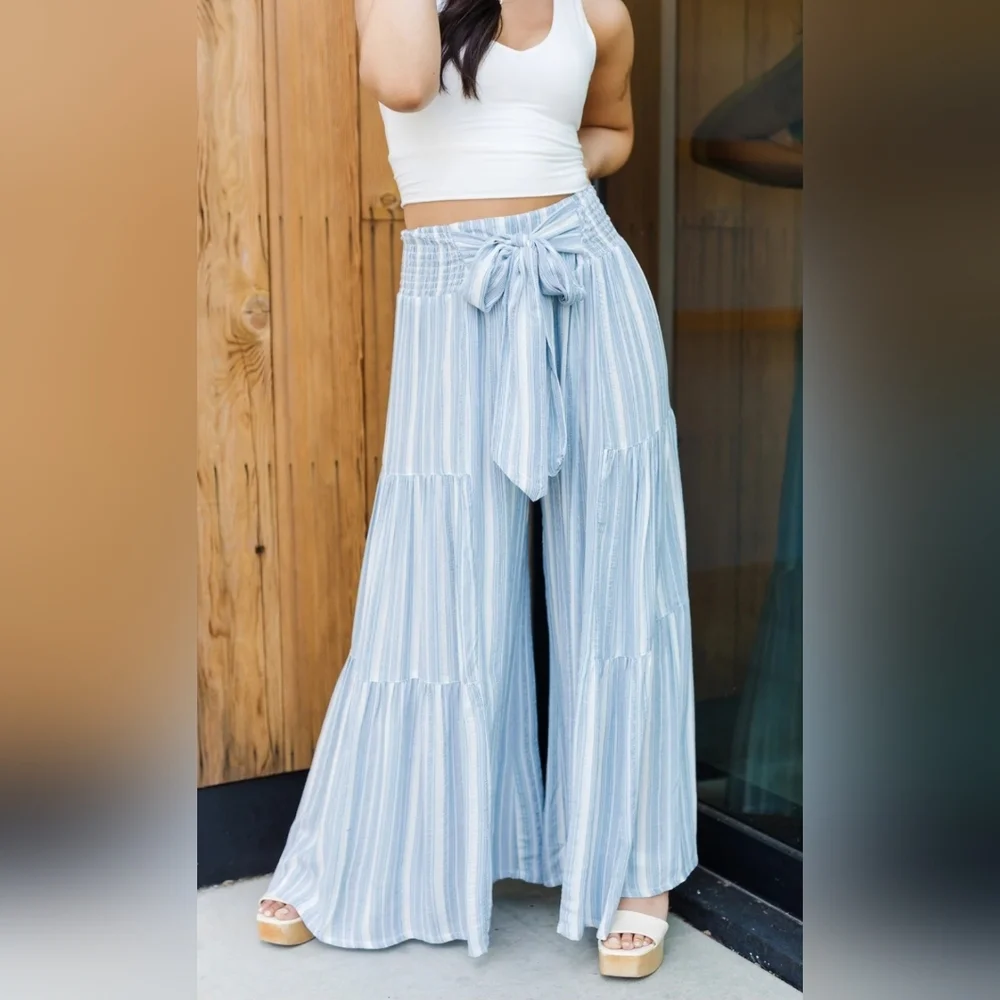 Wide leg striped palazzo pant w/tie waist - Picture 1 of 8